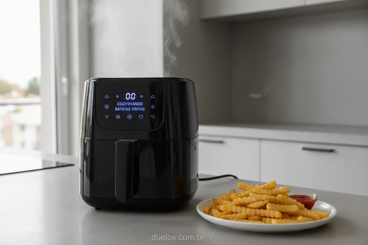 Air fryer até 500 reais preparando batatas fritas crocantes em uma cozinha moderna.