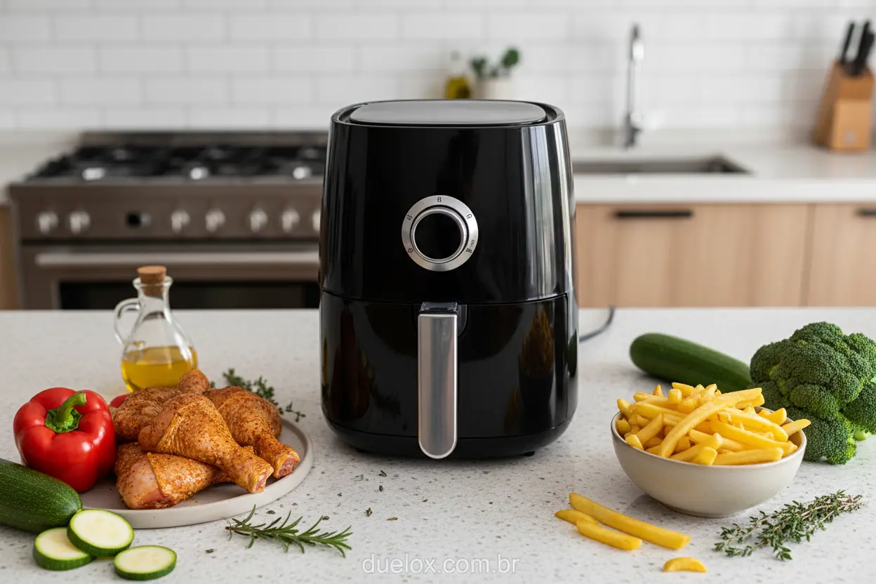 Air fryer moderna com alimentos frescos na bancada da cozinha