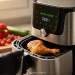 Air fryer que vale a pena em uso, com comida crocante