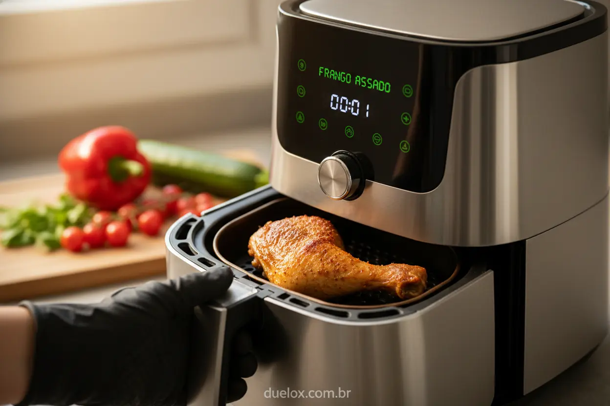 Air fryer que vale a pena em uso, com comida crocante