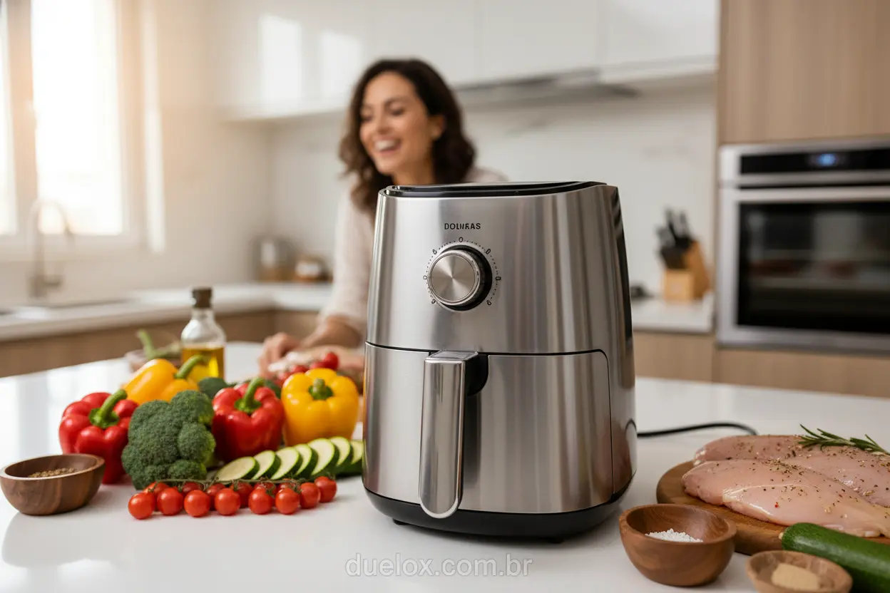 Air fryer moderna em bancada de cozinha com alimentos