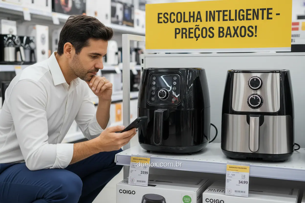 Pessoa comparando air fryers para compra inteligente.