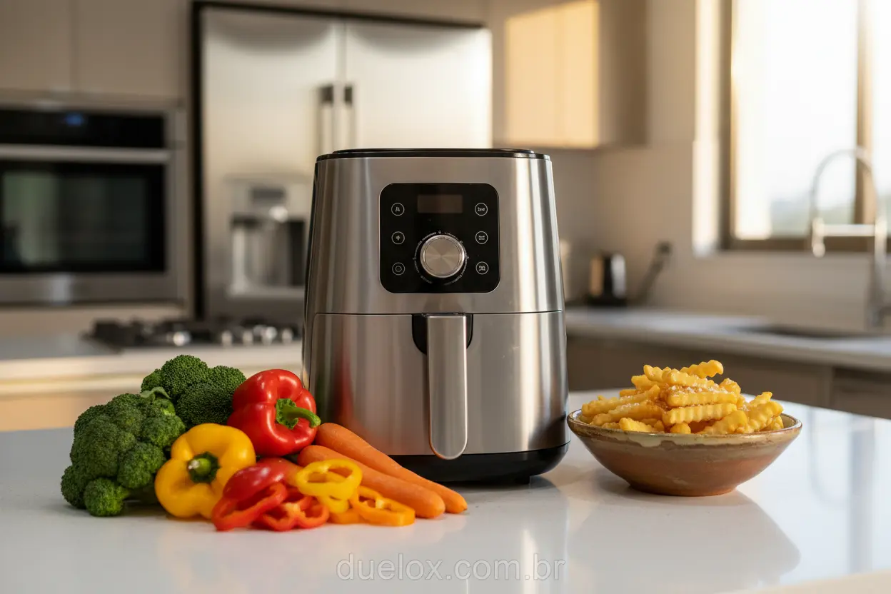 Air fryer moderna em cozinha com vegetais e batatas fritas