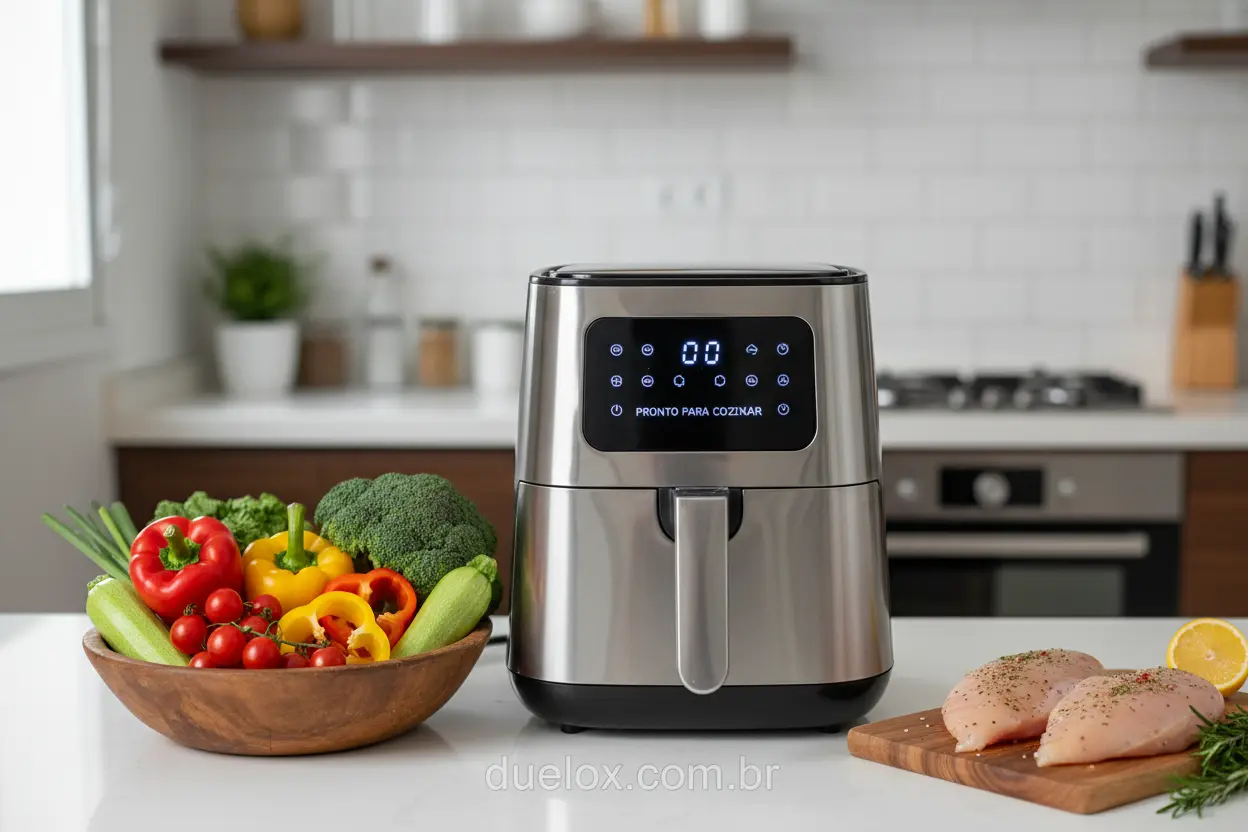 Air fryer moderna com alimentos frescos em uma cozinha