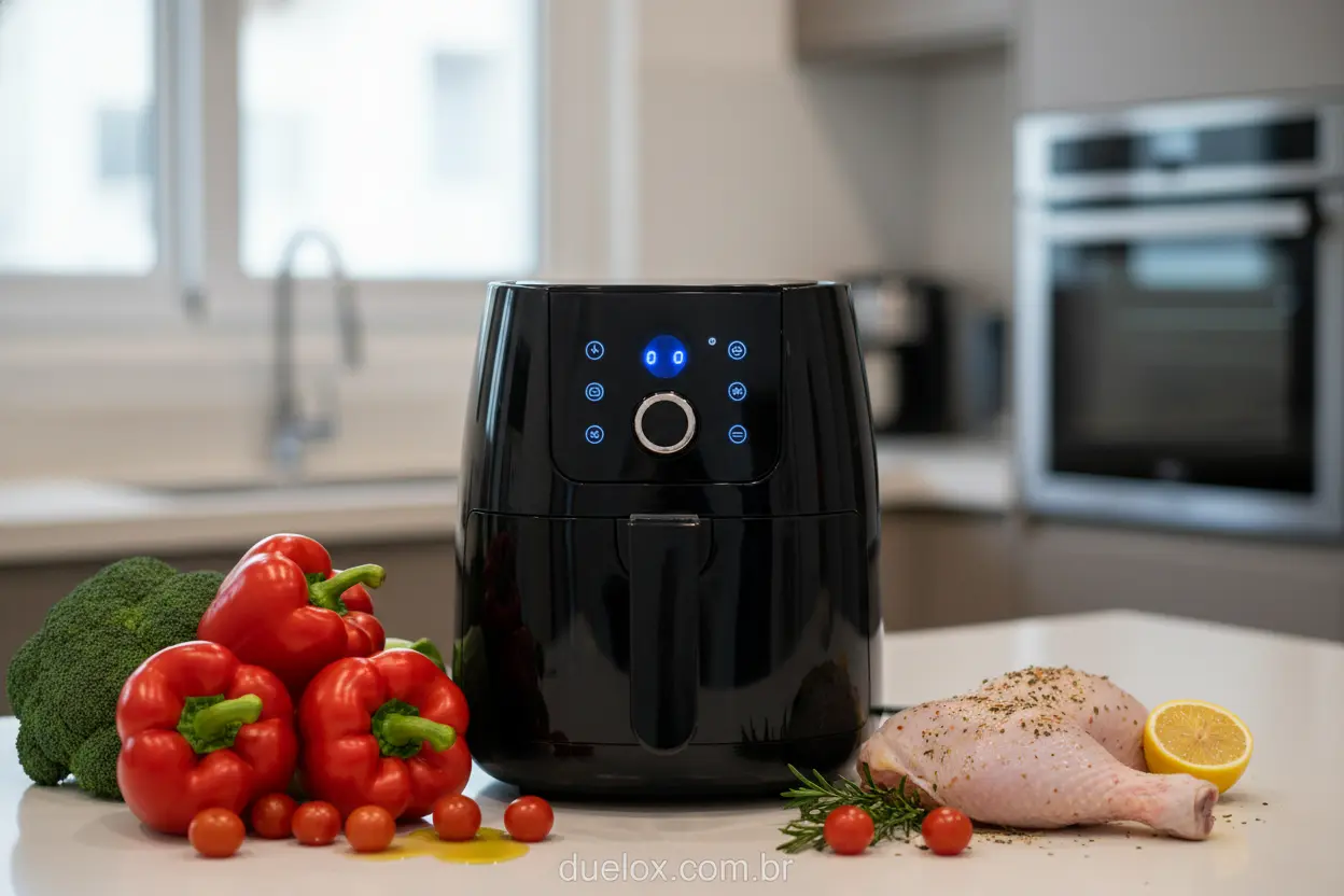 Air fryer preta em bancada de cozinha com legumes e frango