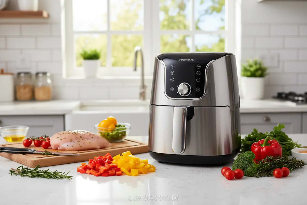Air fryer moderna em bancada de cozinha com alimentos frescos