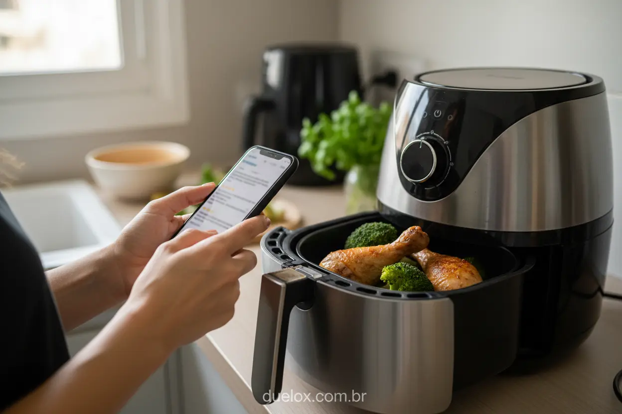 Pessoa analisando avaliações de air fryer no celular