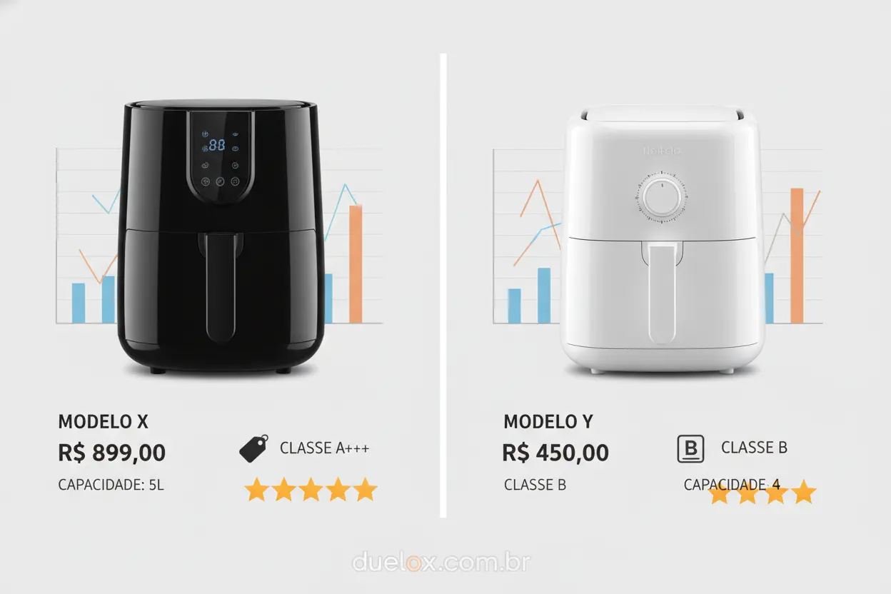 Comparativo visual de air fryers, mostrando desempenho, preço e recursos.