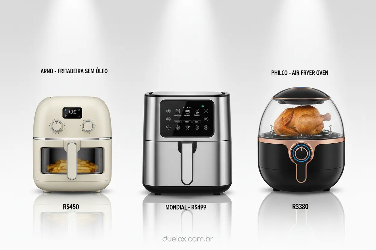 Comparativo visual de três air fryers baratas e eficientes.