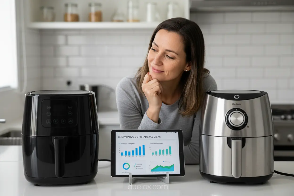 Comparativo de Air Fryers Pessoa comparando modelos de air fryer para escolher a ideal.