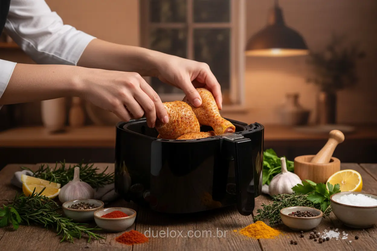 Preparando frango com temperos frescos na air fryer para uma refeição rápida.