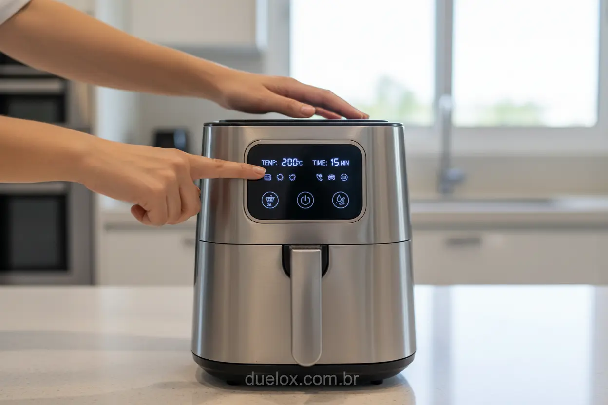 Mãos apontando para os controles de uma air fryer, destacando critérios de escolha.
