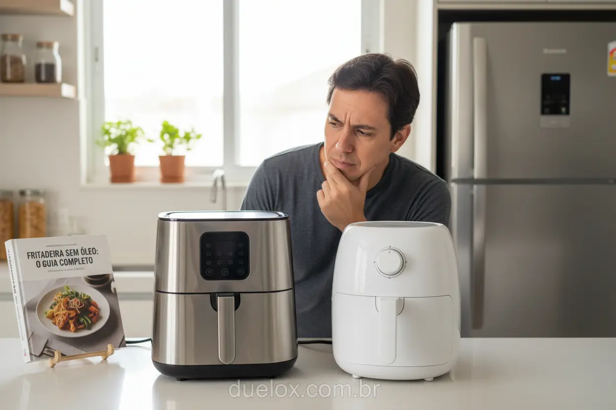 Pessoa confusa olhando para duas air fryers diferentes