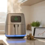 Air fryer em bancada com moedas, simbolizando economia.