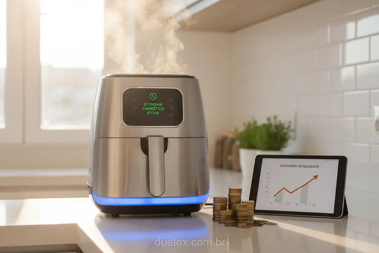 Air fryer em bancada com moedas, simbolizando economia.