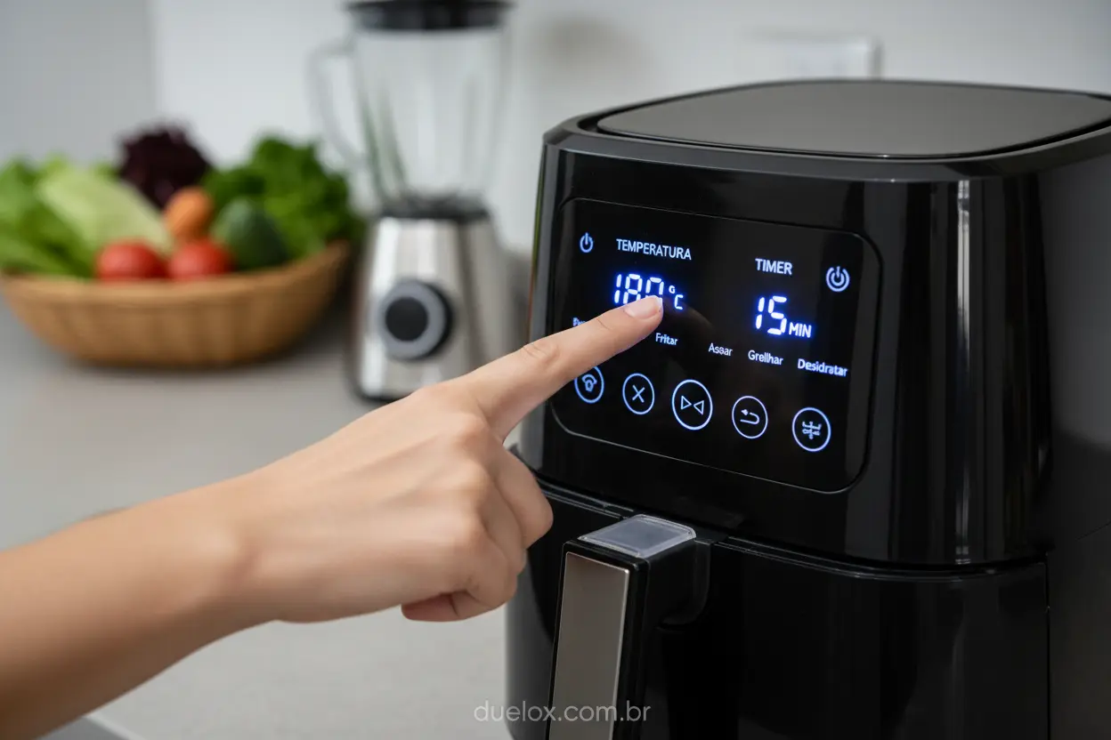 Mão apontando para painel de controle de air fryer