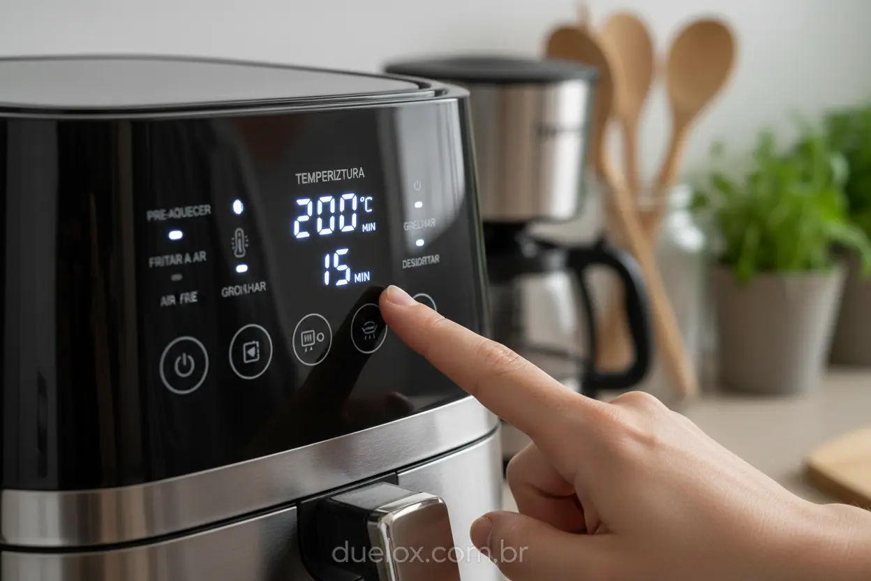 Mão selecionando funções em painel de air fryer
