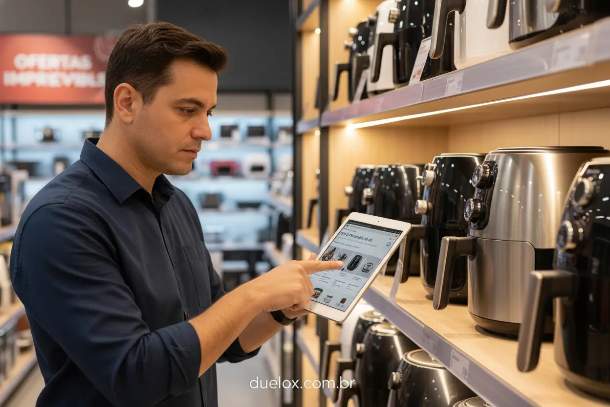 Pessoa escolhendo entre várias air fryers