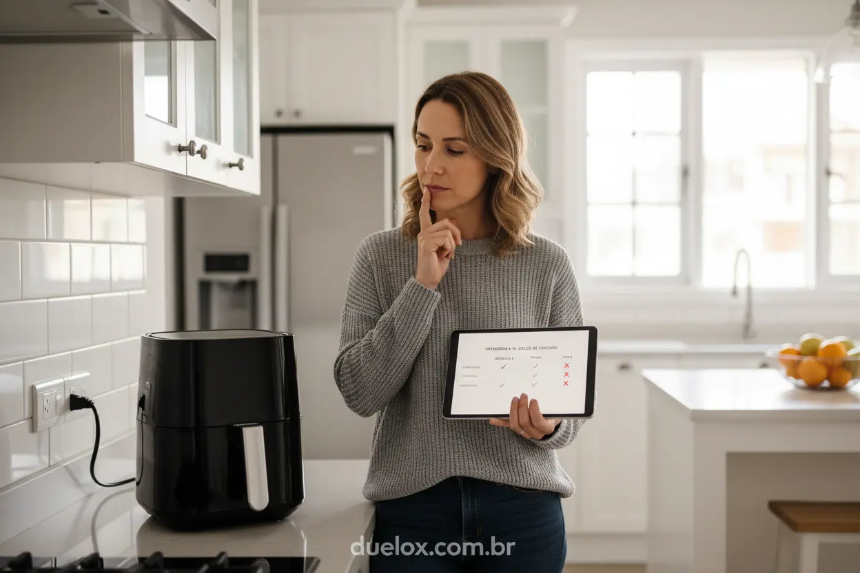 Pessoa avaliando air fryers para uma compra consciente.