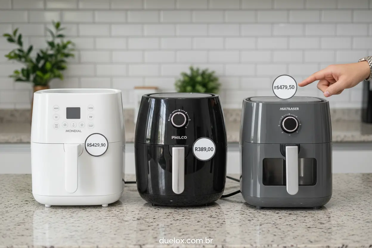 Comparativo visual de três modelos de air fryer até 500 reais