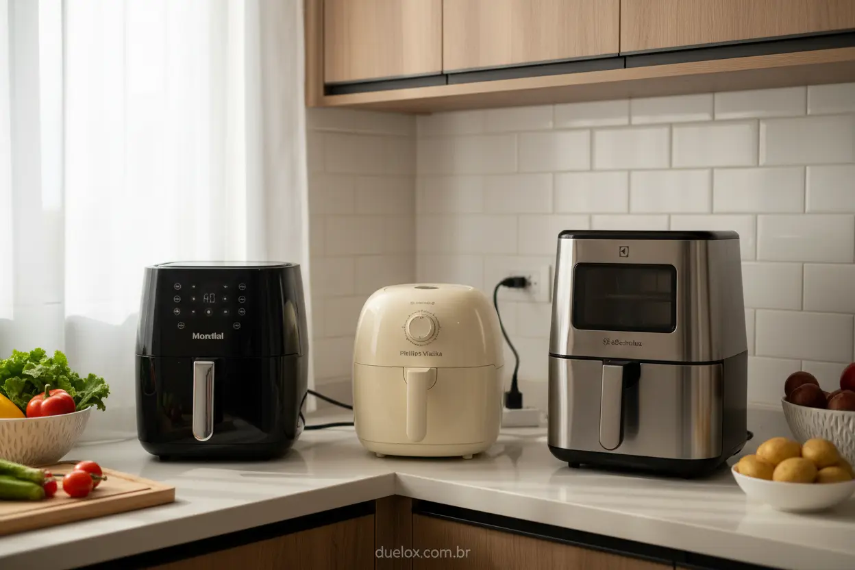 Modelos de Air Fryer en Destaque Diversos modelos de air fryers em exposição