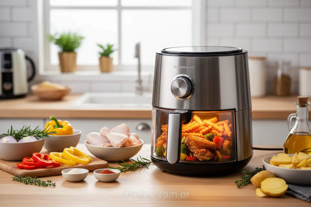 Air fryer moderna com alimentos frescos e saudáveis.