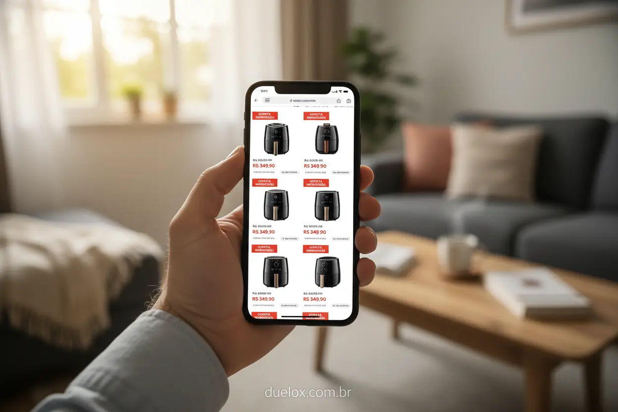 Comprador pesquisando ofertas de air fryer em seu smartphone.
