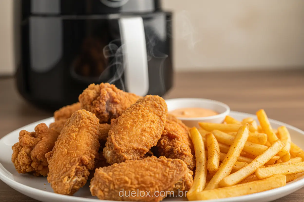 Melhor air fryer custo benefício preparando frango e batatas