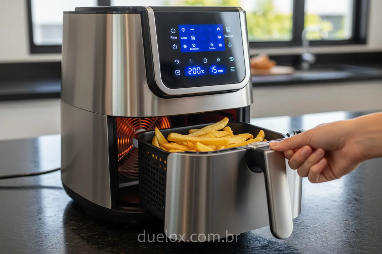 Painel digital e cesto antiaderente de air fryer