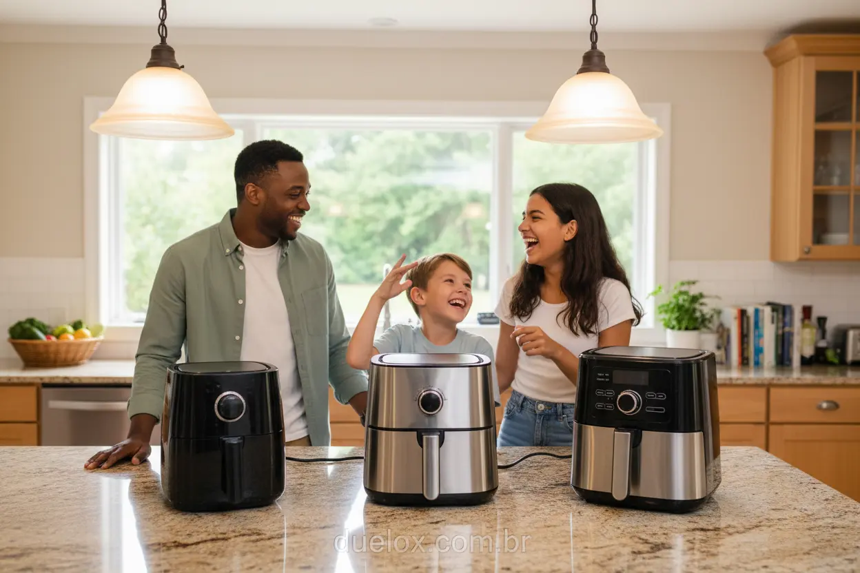 Tamanhos de Air Fryer para Famílias Família escolhendo air fryer de diferentes capacidades