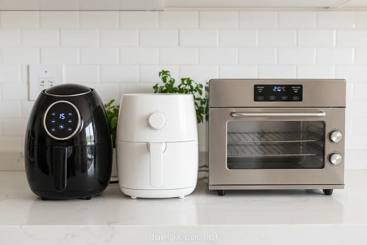 Modelos variados de air fryer em exposição.