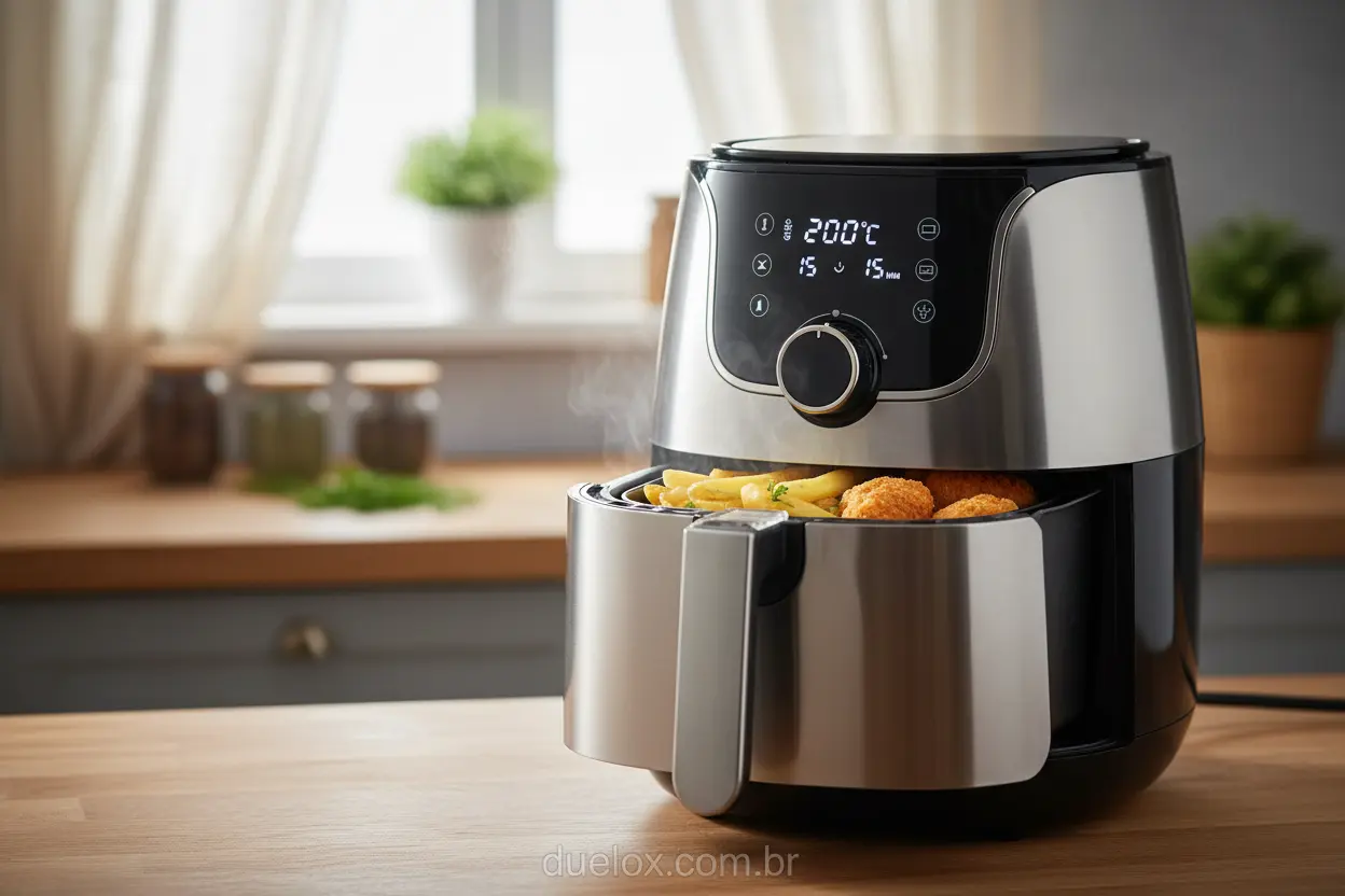 Air fryer moderna preparando alimentos deliciosos