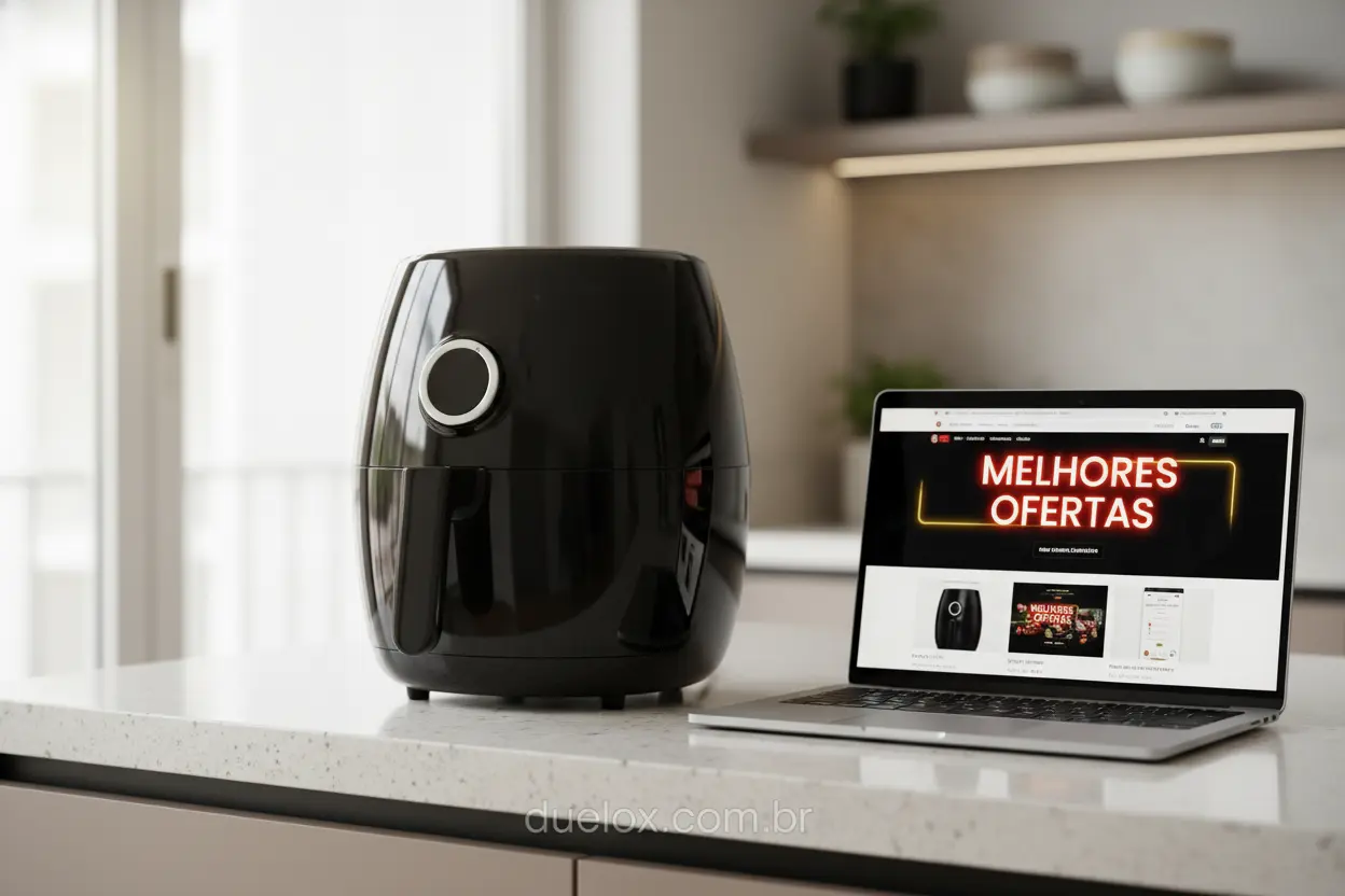 Air fryer preta em bancada de cozinha com notebook mostrando ofertas online