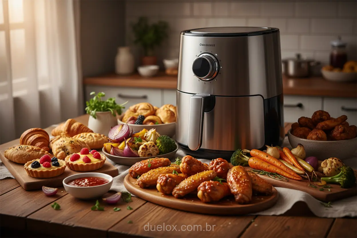 Diversas comidas saborosas feitas na air fryer, mostrando sua capacidade.