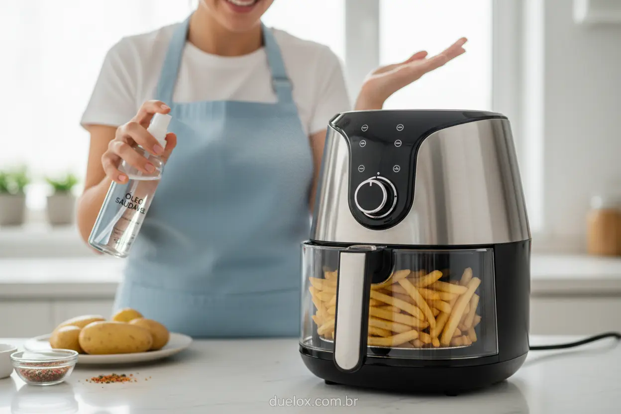 Air Fryer com batatas fritas crocantes e um spray de óleo, simbolizando a dúvida sobre o uso de gordura.