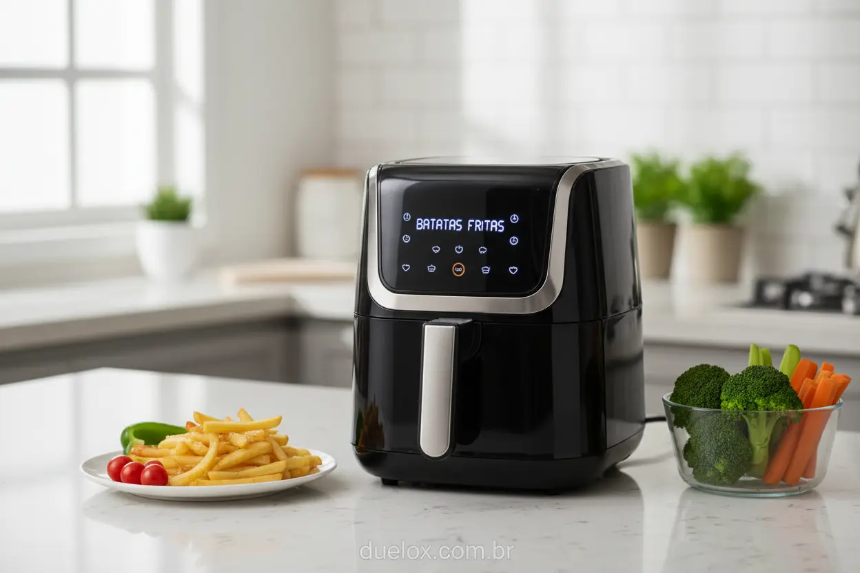 Air fryer moderna em bancada de cozinha com alimentos saudáveis