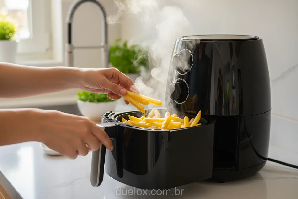 Air fryer preta moderna preparando batatas fritas crocantes
