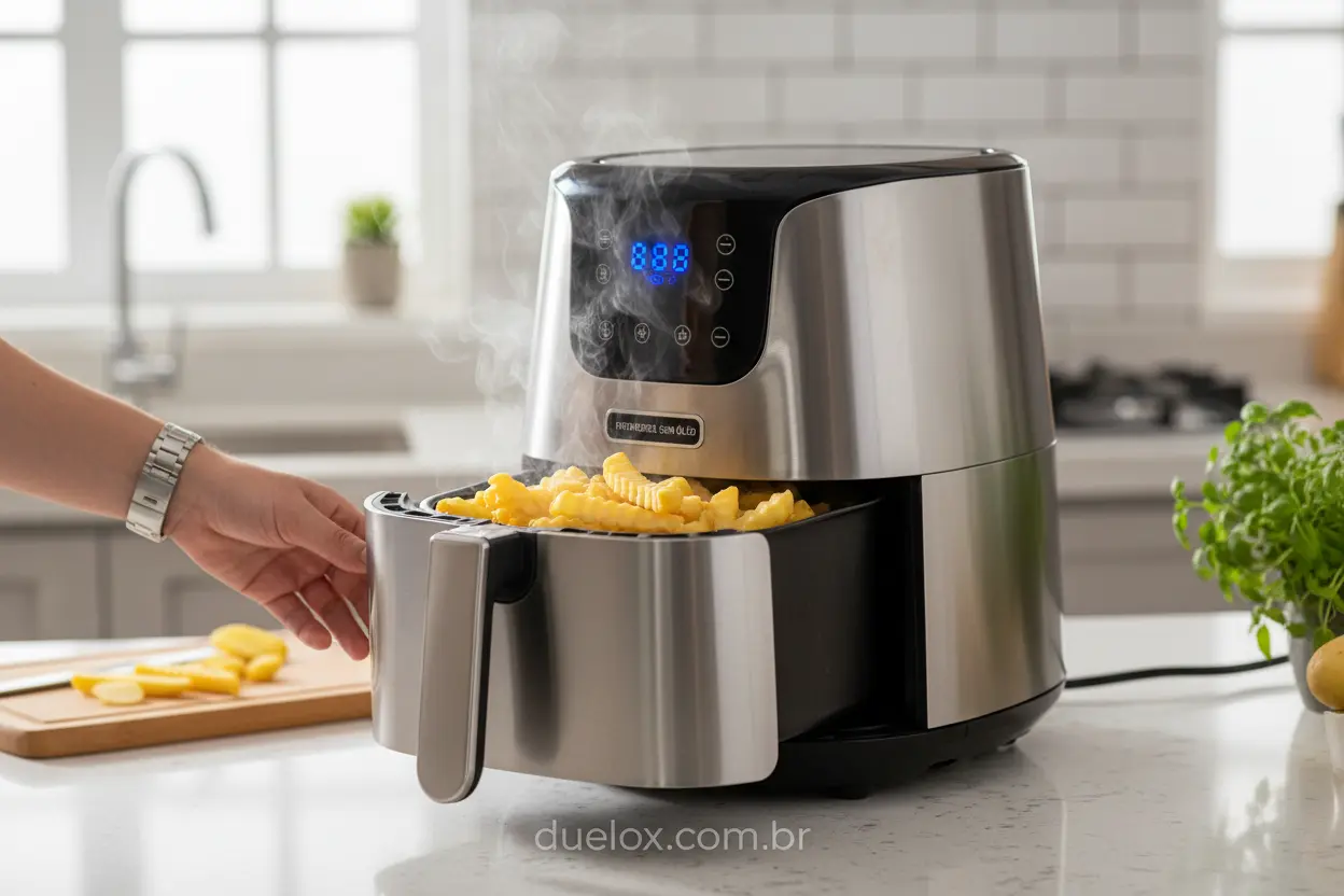Air fryer preparando batatas fritas douradas e crocantes.