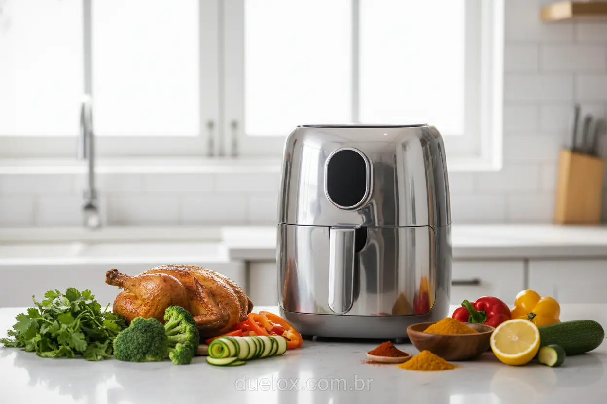 Air fryer moderna em bancada de cozinha com ingredientes frescos