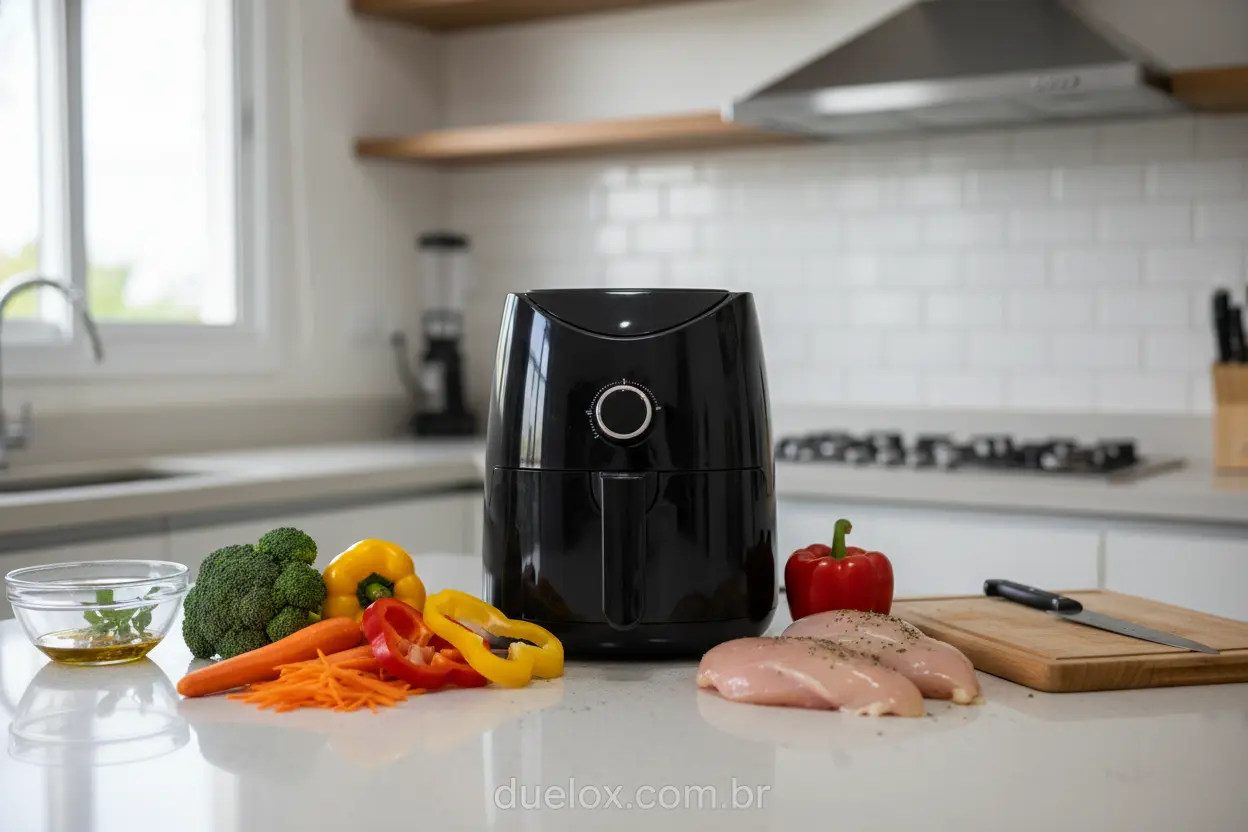 Air fryer preta em bancada de cozinha com vegetais frescos