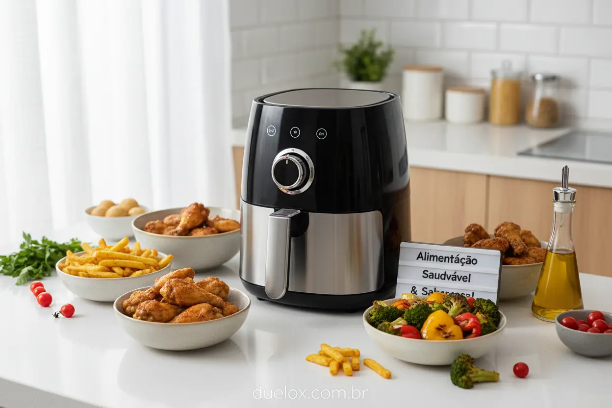 Air fryer moderna com alimentos crocantes e saudáveis