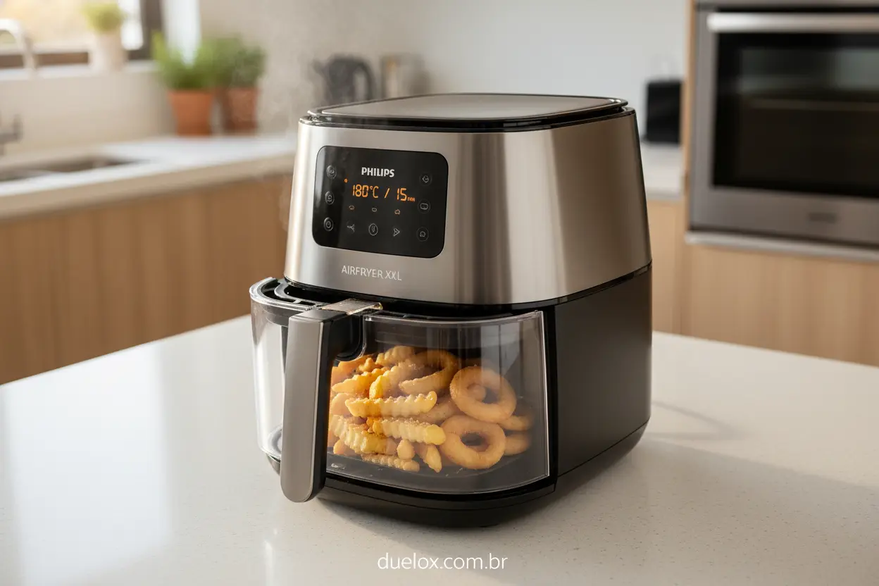 Air fryer Philips Walita cozinhando batatas fritas douradas