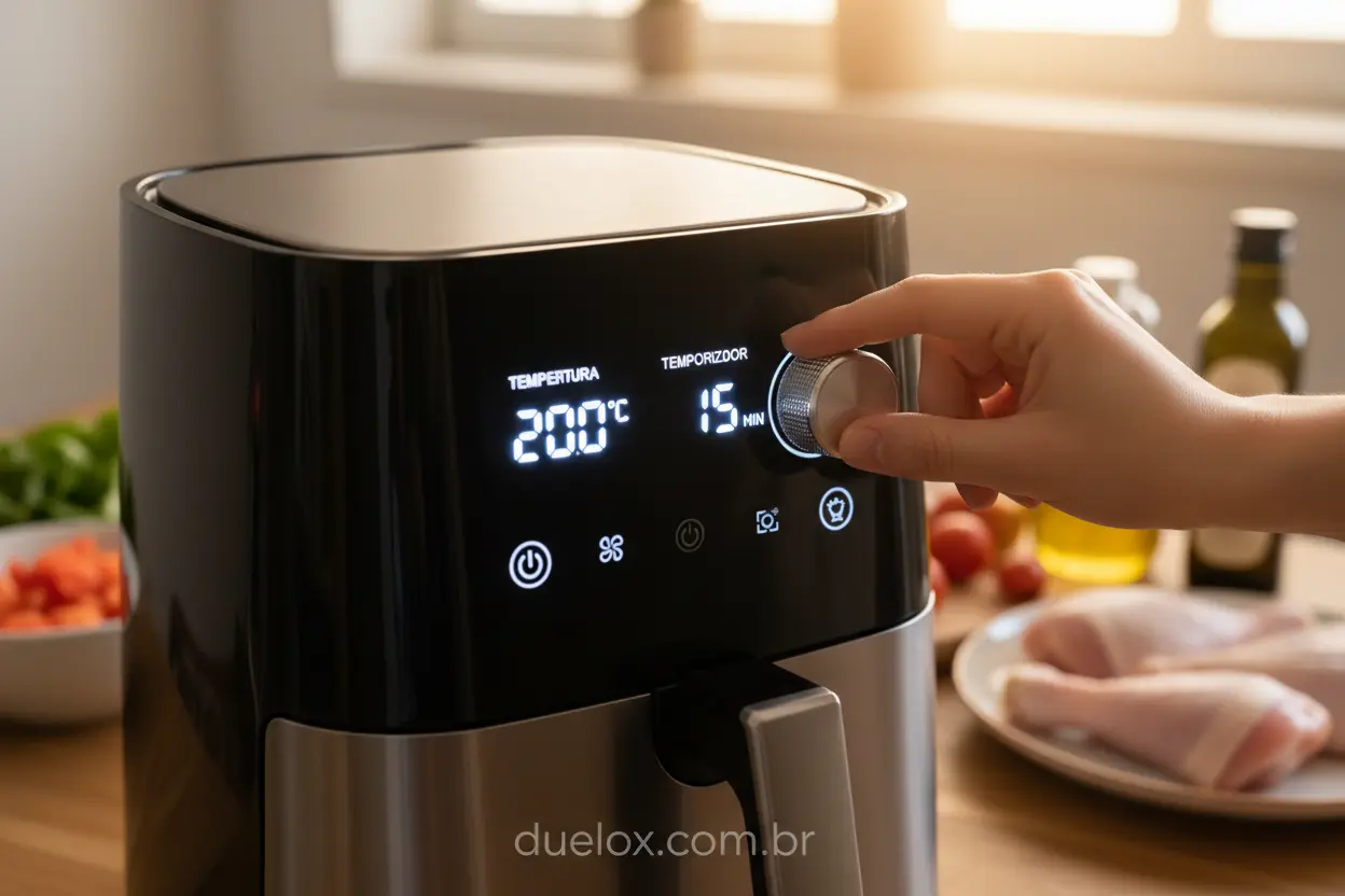 Mão ajustando o painel digital de temperatura de uma air fryer
