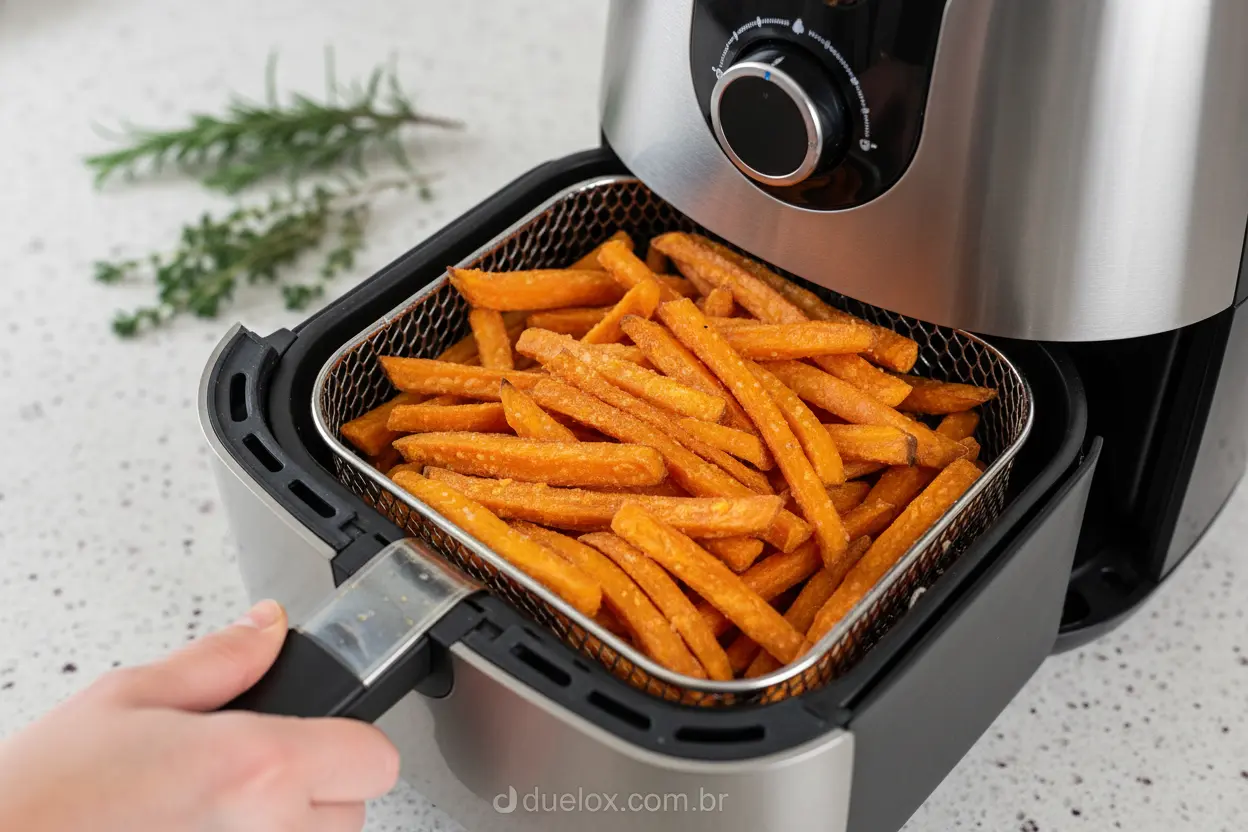 Batatas fritas de batata doce saudáveis feitas na air fryer