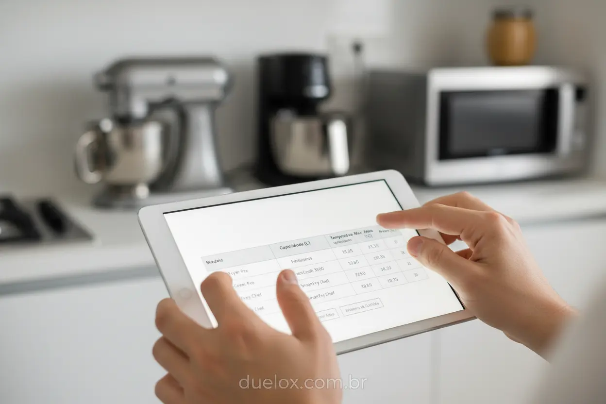 Mãos comparando modelos de air fryer em tablet para compra online