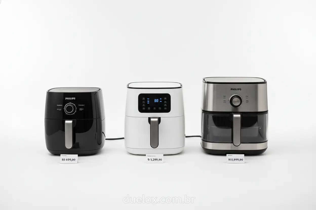 Modelos de Air Fryer Philips Walita lado a lado com seus preços