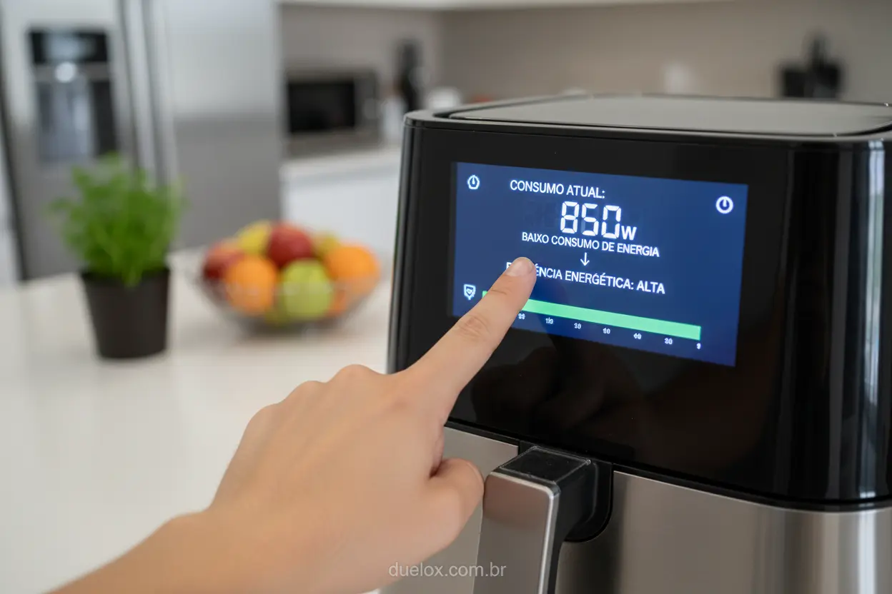 Mão apontando para o consumo de energia de uma air fryer
