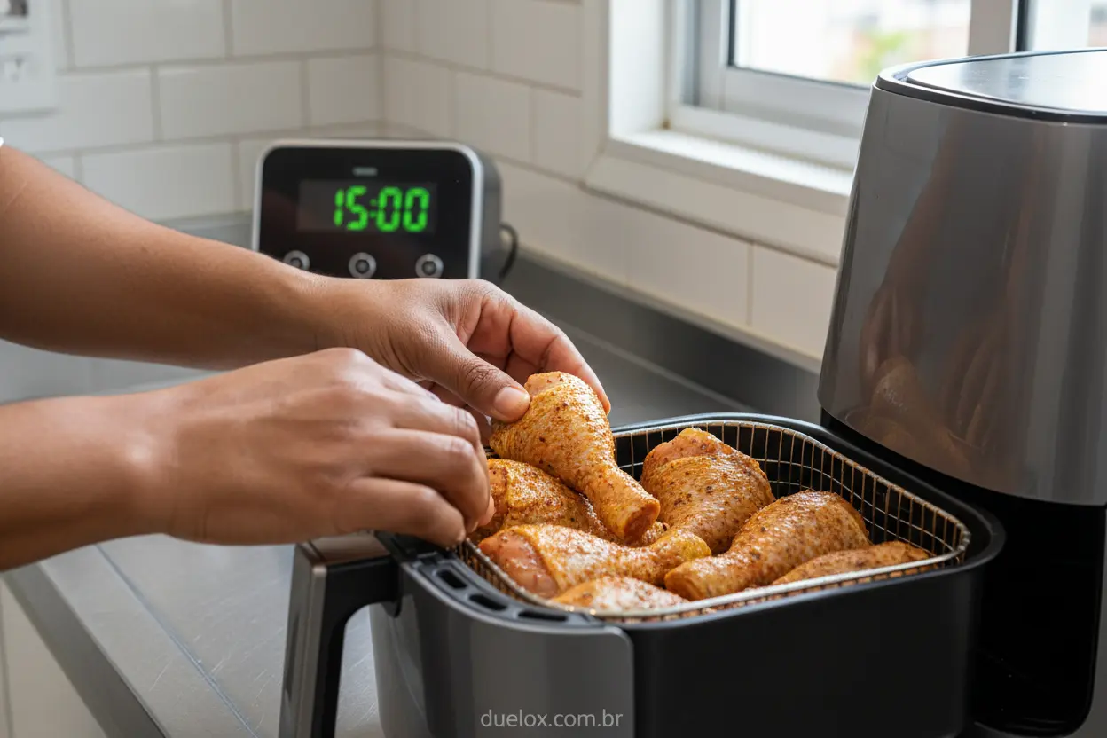 Mãos arrumando frango na cesta da air fryer