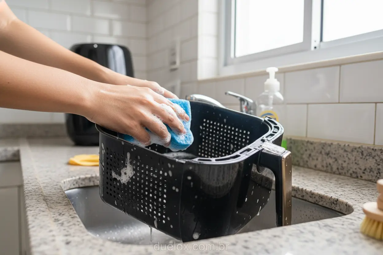 Mão apontando para o consumo de energia de uma air fryer