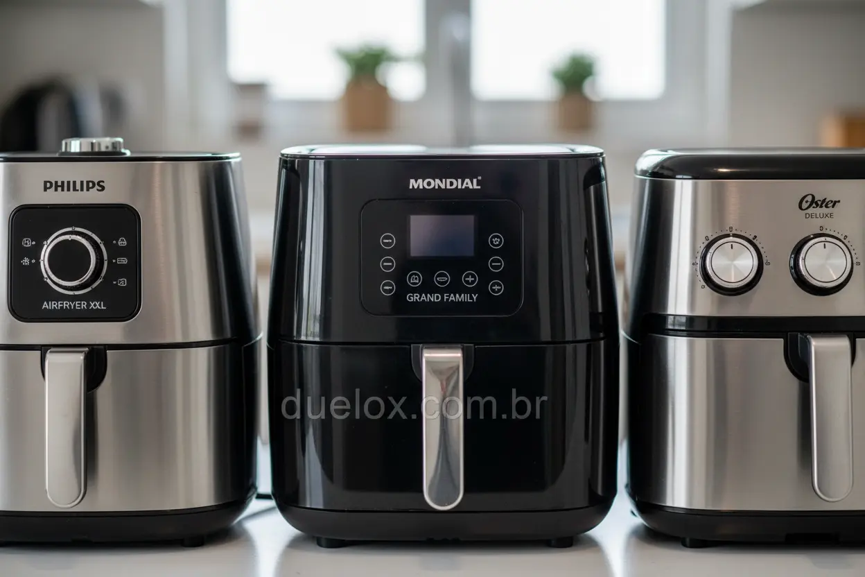 Marcas de Air Fryer Mais Duradouras Comparativo de air fryers de marcas como Philips Walita e Mondial, focando na durabilidade